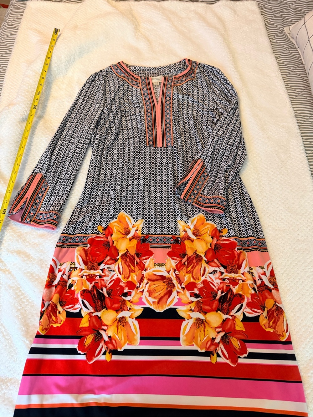 Beige by eci Black Geometric and Coral Floral Border Long Sleeve Dress